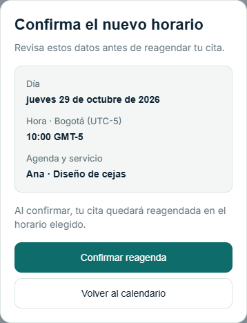 Página móvil auténtica para revisar y confirmar un nuevo horario mediante el enlace de una cita existente. Datos sintéticos.